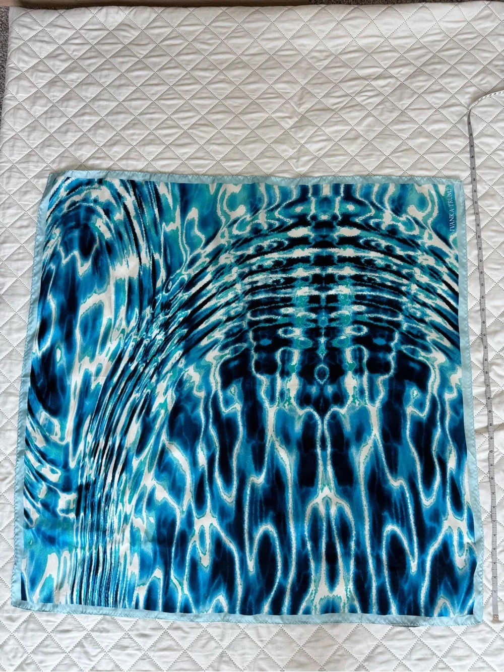 Ivanka Trump Blue Abstract Silk Scarf 35 in Square Watercolor Ocean Print Wrap